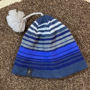 Smartwool Kids Blue and Gray Striped Pom Beanie
